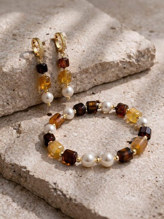 Dabīgo pērļu auskari + rokassprādze "Tauriņa zelts"